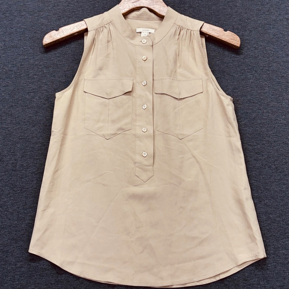 J.Crew Top Womens 0P Silk Sleeveless Button Front Utility Tan‎ Chest Pockets